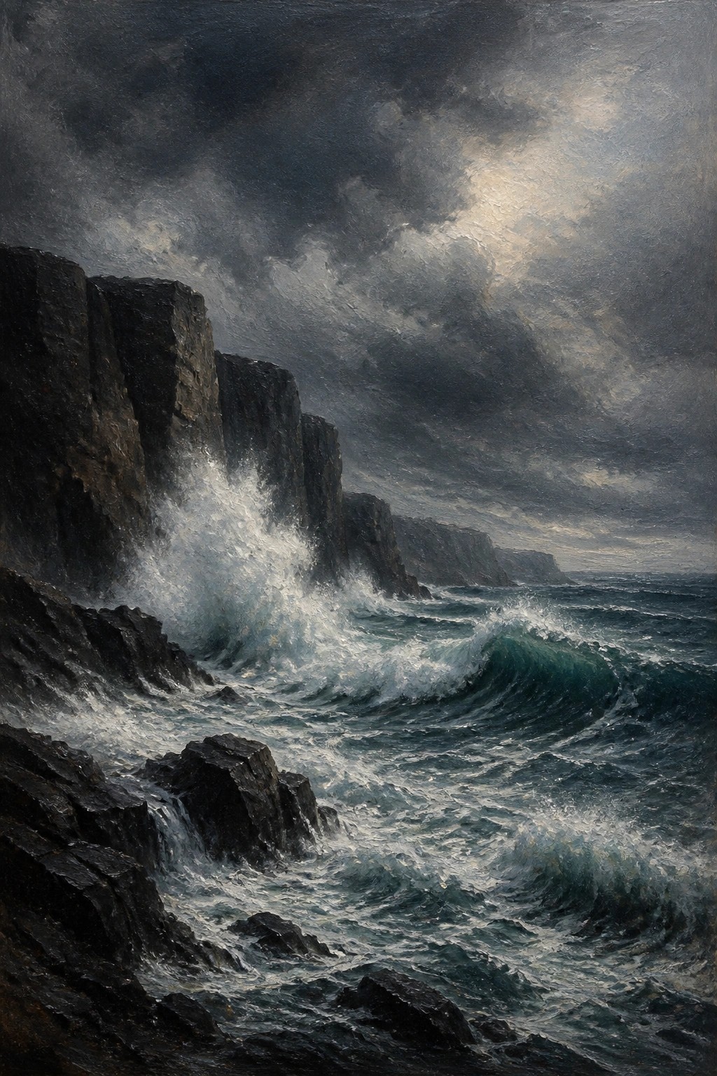 Waves crashing against dark cliffs beneath stormy skies with dramatic light.