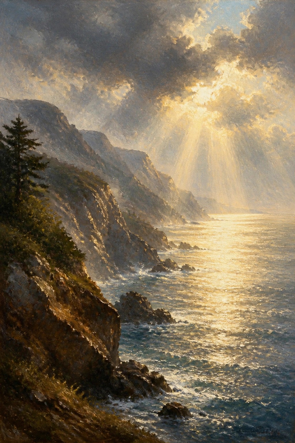 A realistic oil painting of sunlight rays breaking through dark clouds over rocky cliffs and ocean waves.