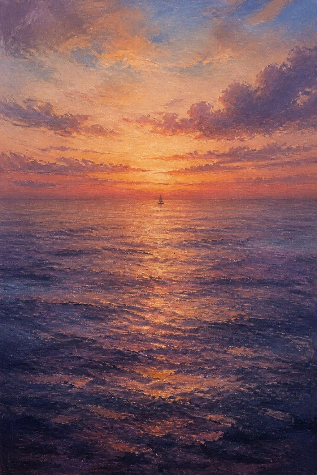 Vibrant orange-purple sunset over ocean waves with distant sailboat.