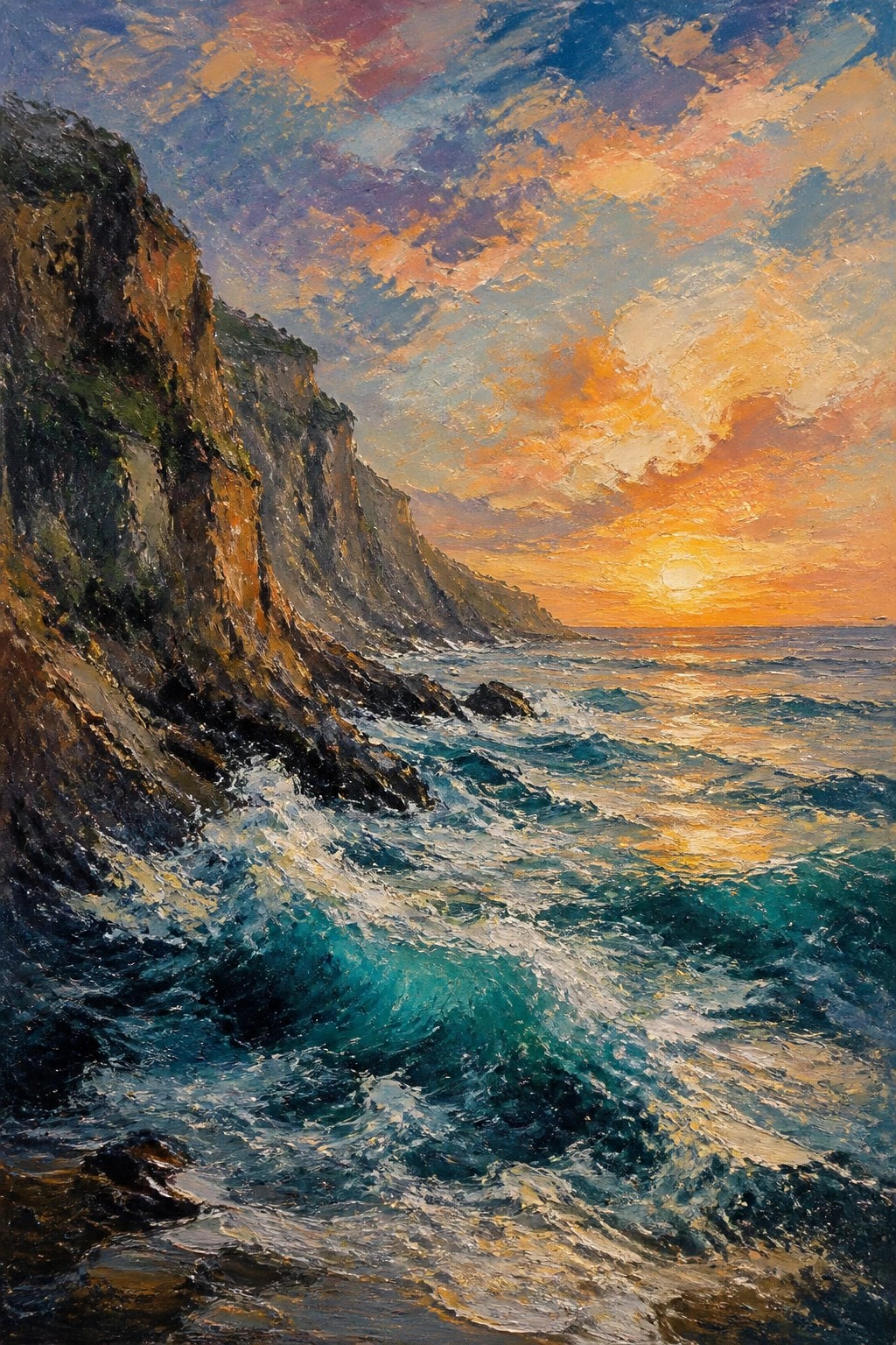 Colorful painting of turquoise waves crashing on cliffs at ocean sunset