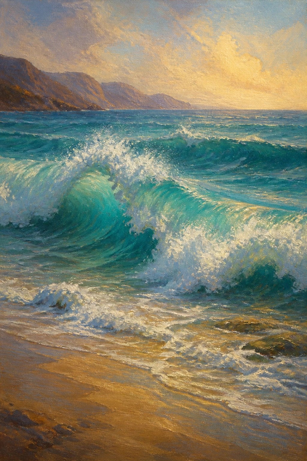 Turquoise waves crashing with white foam on golden sand beach at sunset with mountains