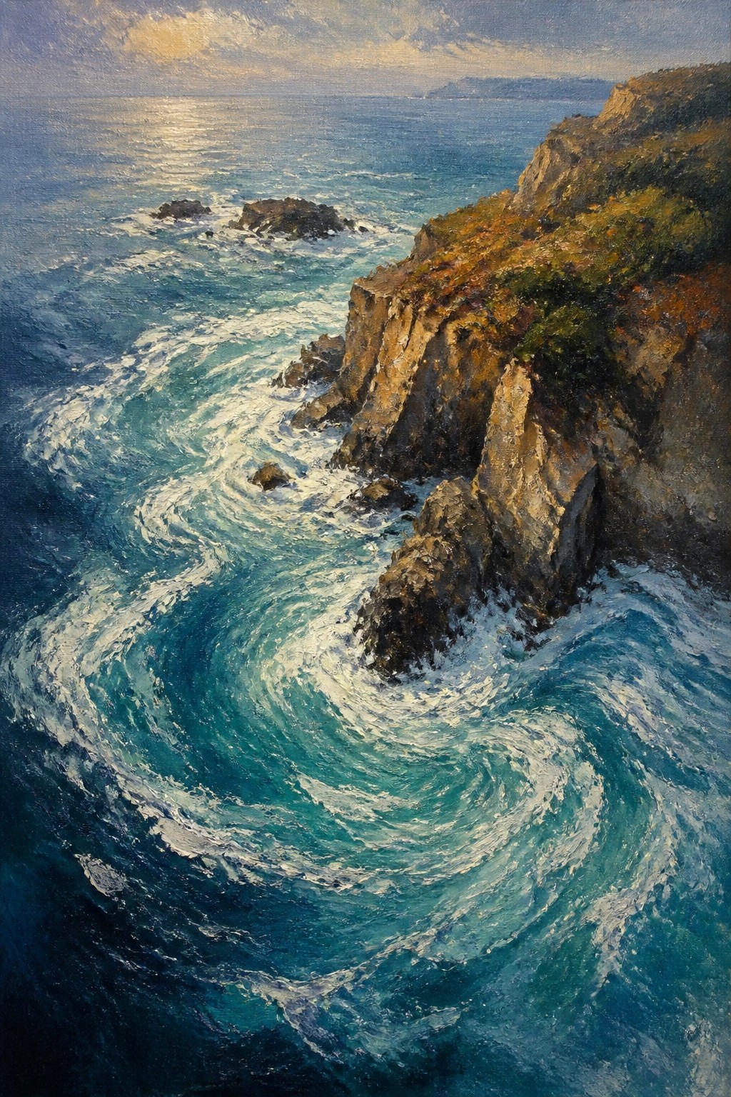 An oil painting of turquoise waves swirling around dark rocks at the base of a steep cliff with sunlight reflecting on the distant water.