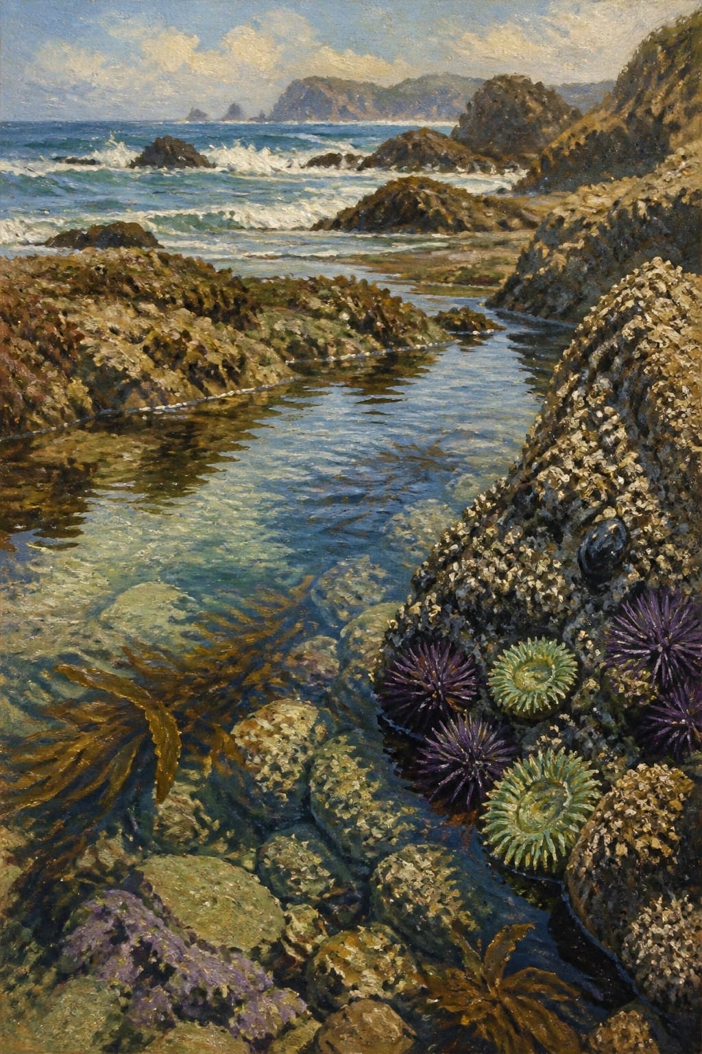 Rocky tide pool with purple urchins, green anemones, and ocean waves.