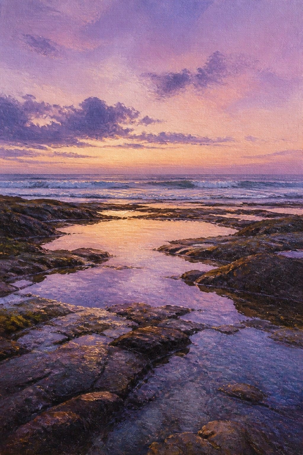 An oil painting of rocky tide pools reflecting a purple and orange sunset sky with ocean waves in the background.