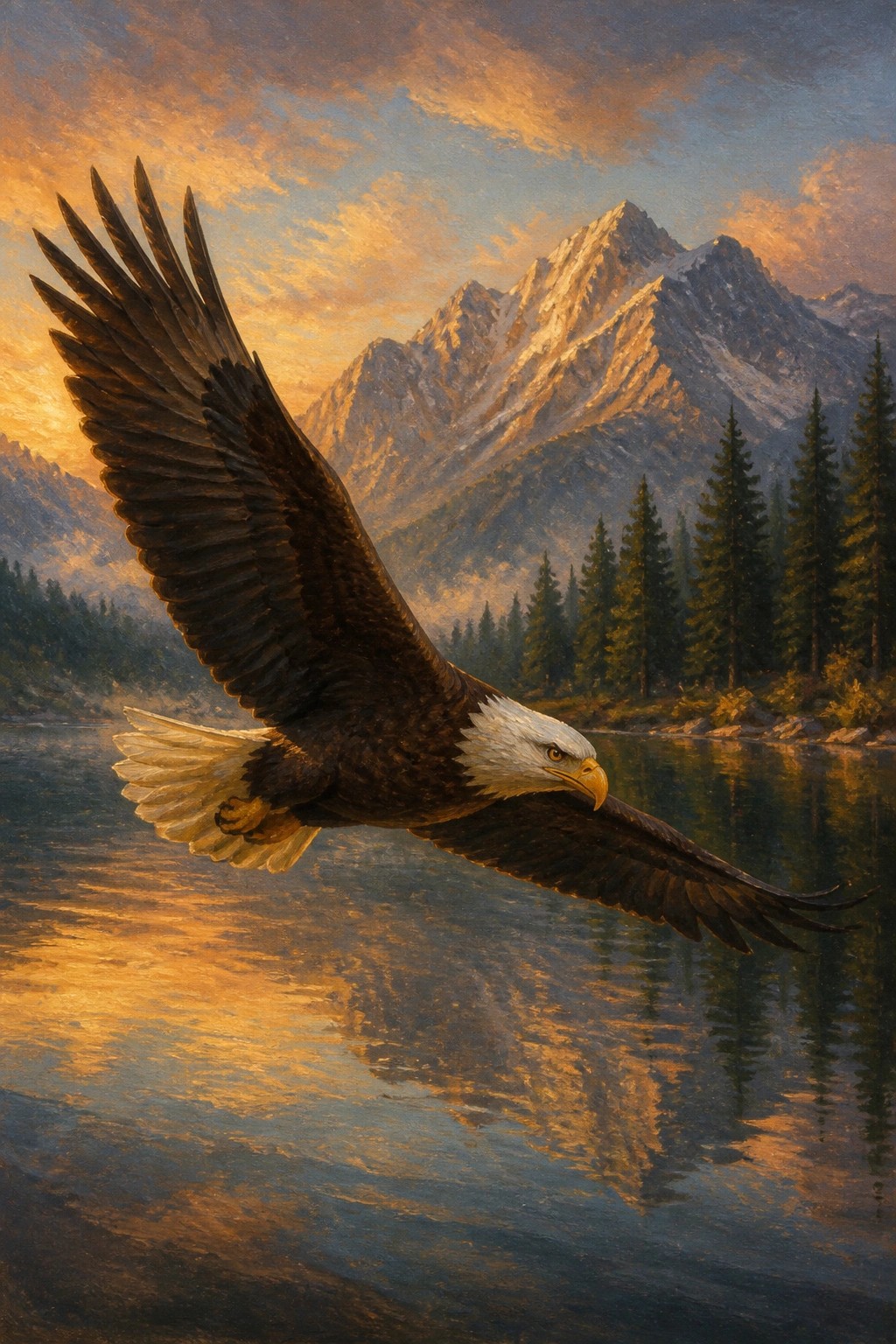 A realistic oil painting of a bald eagle with wings spread flying low over a lake with mountains and trees in the background at sunset.