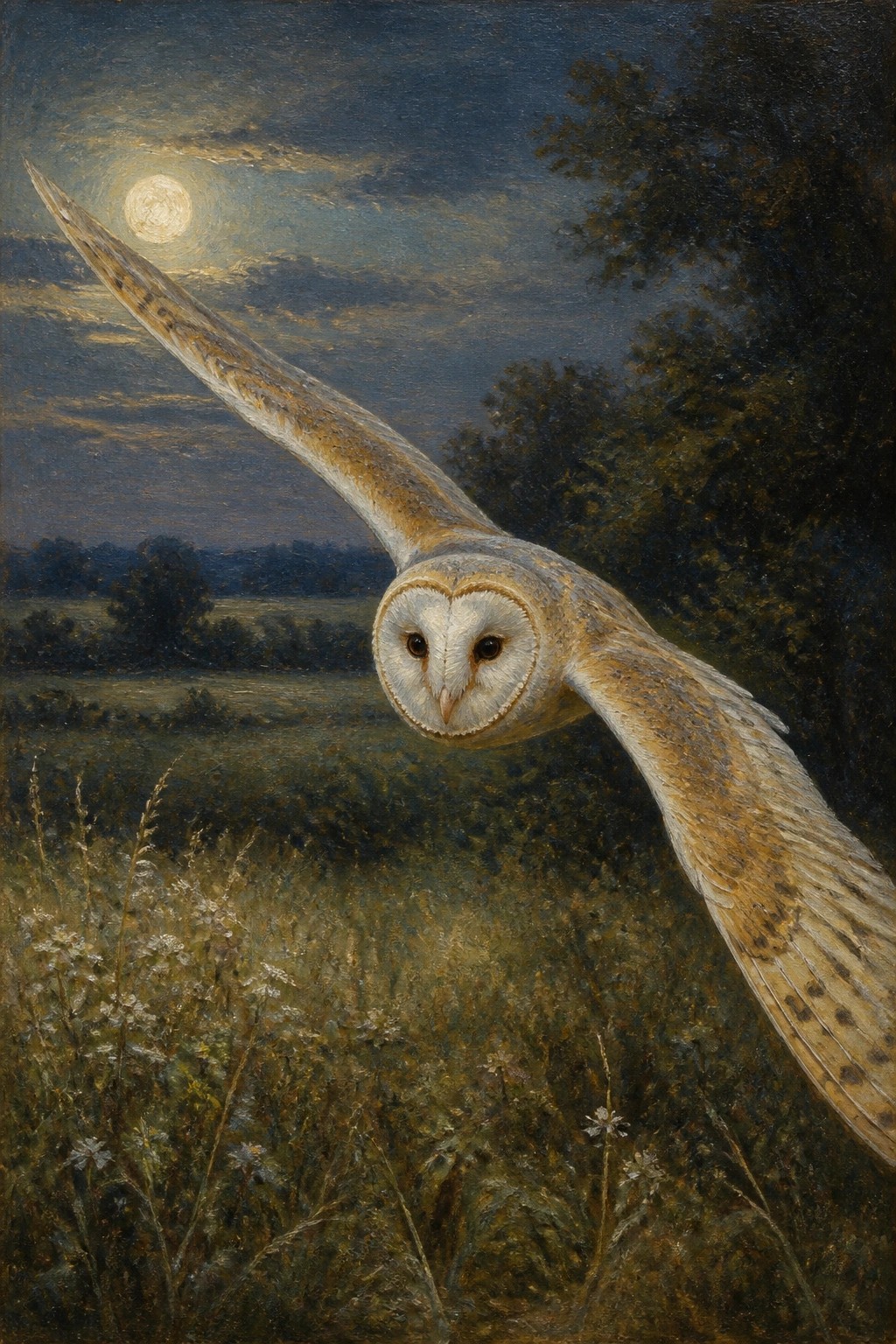 Barn owl soaring over wildflower meadow under full moon in night sky
