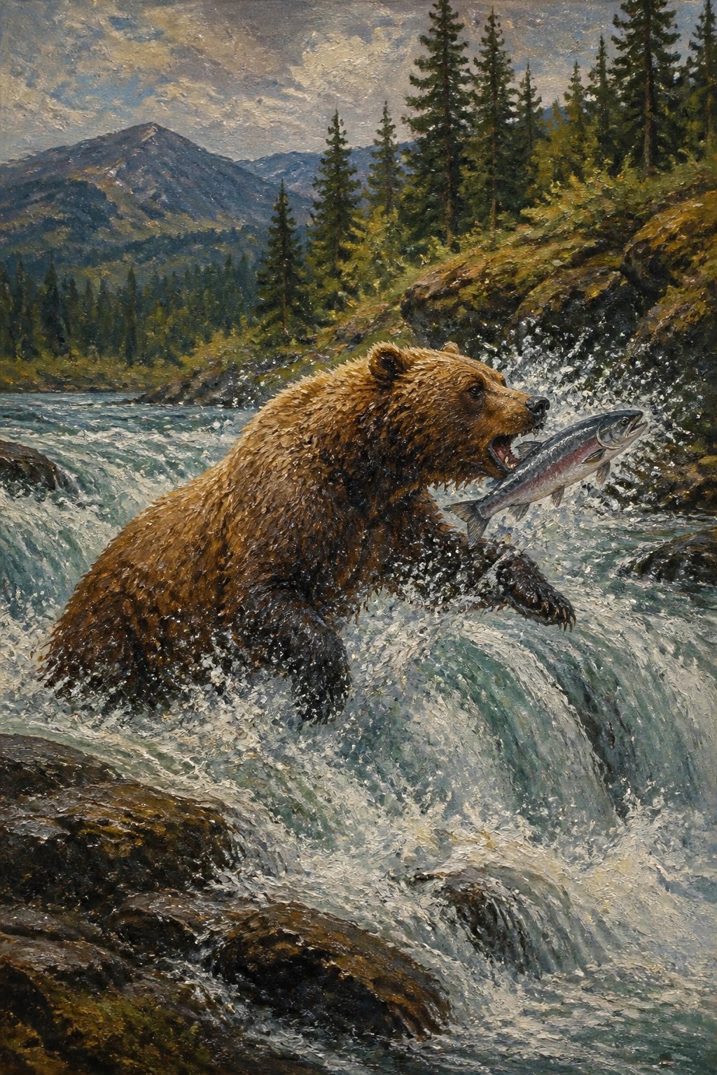Brown bear catching salmon while splashing through rushing mountain river rapids
