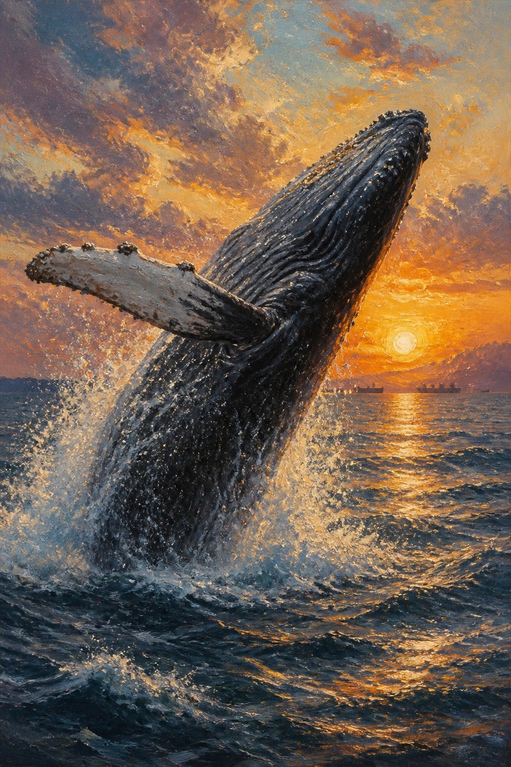 Breaching humpback whale splashing in ocean waves under vibrant sunset sky