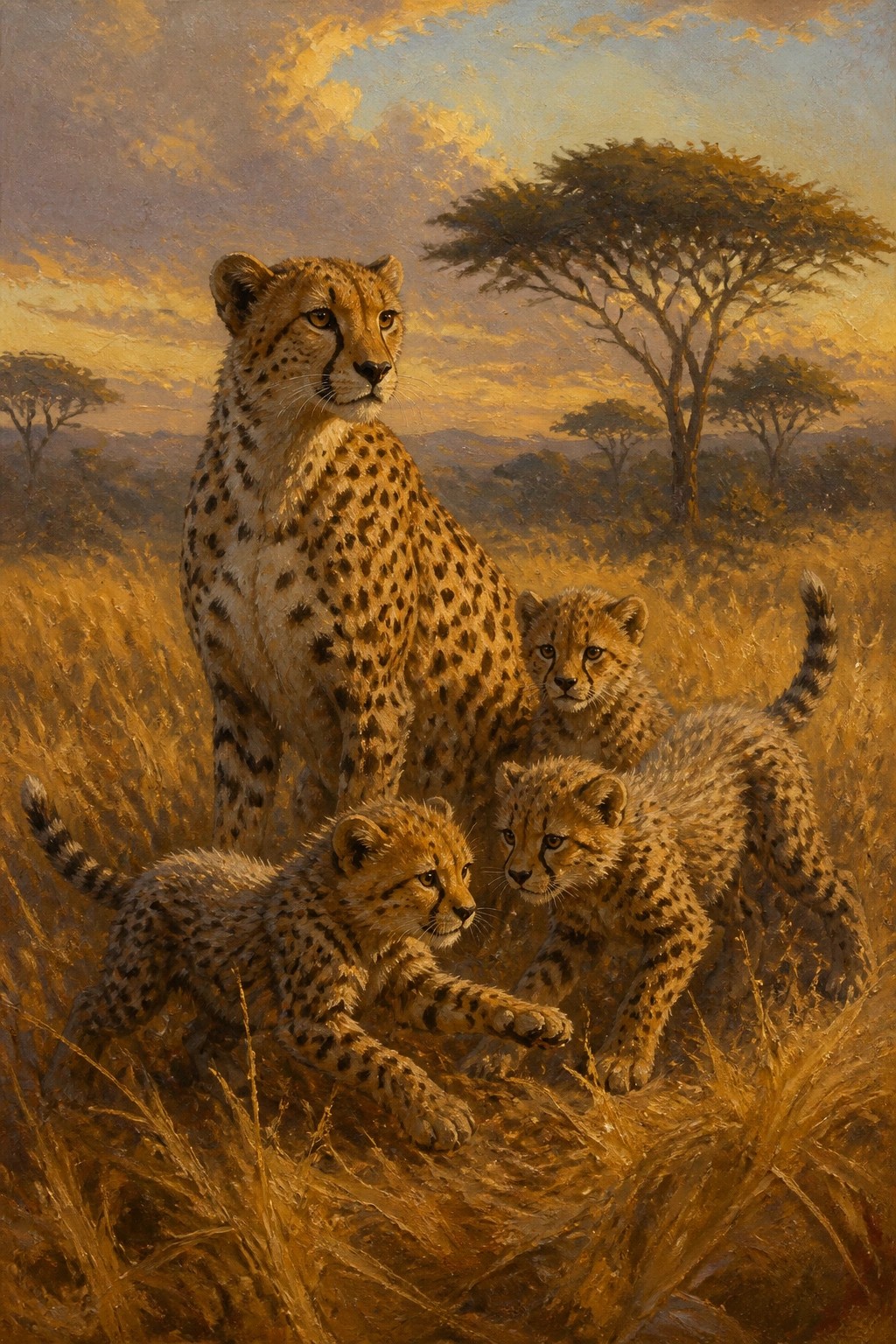 Adult cheetah with three cubs in golden savanna at sunset painting