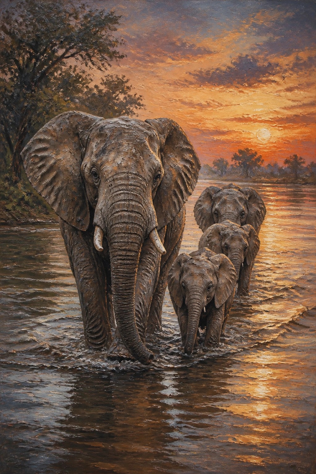Adult elephant leading three calves through a river at vibrant sunset.