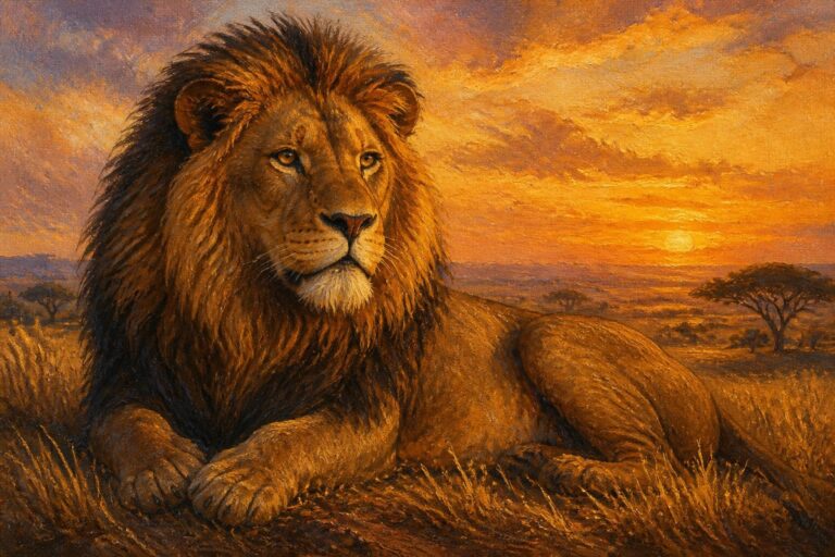 Majestic lion with golden mane rests on rock in vibrant savanna sunset.