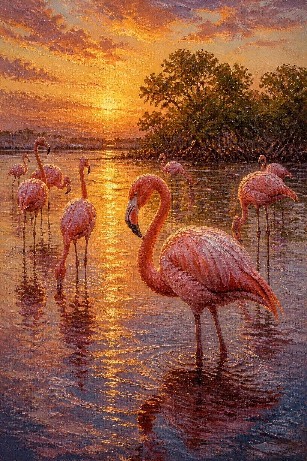 Pink flamingos wading in rippling water under a vibrant orange sunset sky