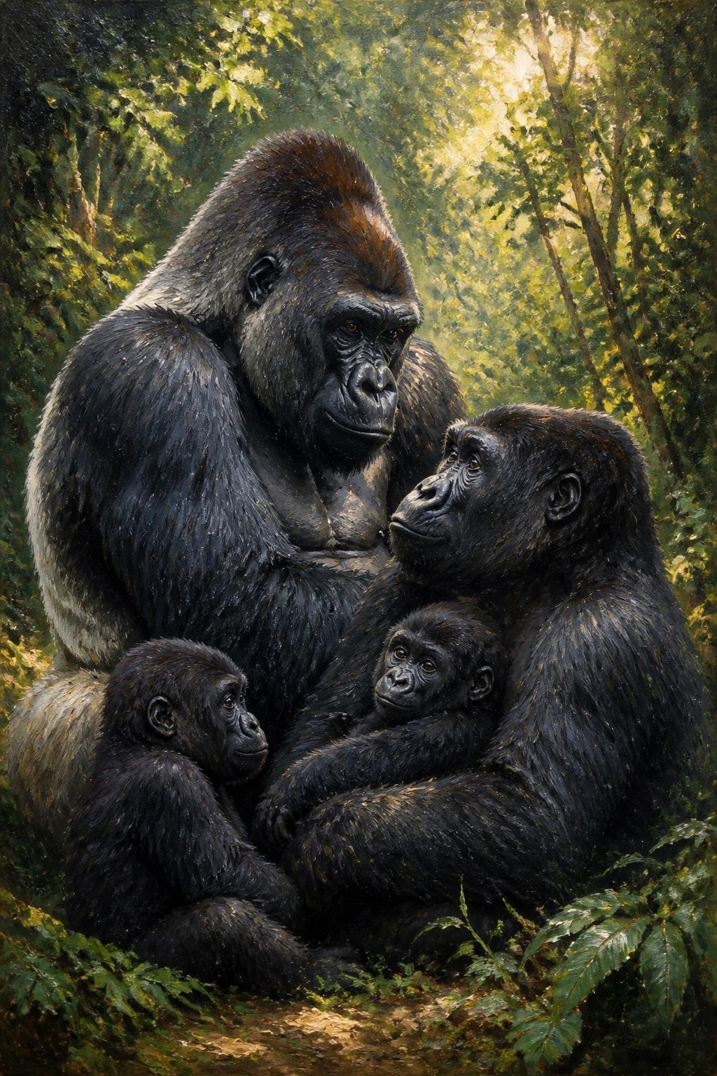 An oil painting of a large silverback gorilla with a female gorilla and two young gorillas resting together in a green forest.