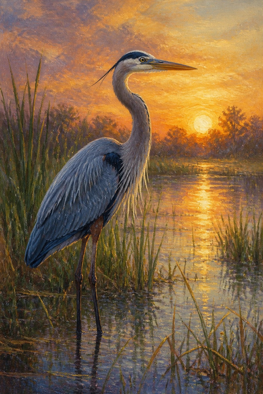 Great blue heron standing in marsh at vibrant orange sunset with reflections