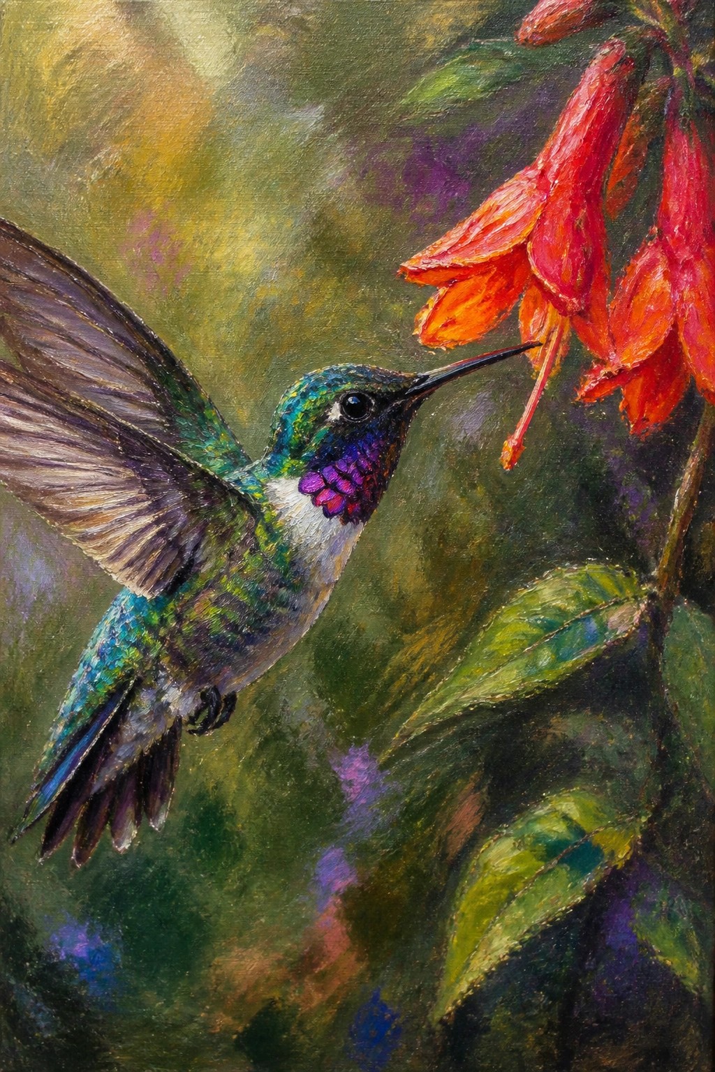 An oil painting of a hummingbird with green and purple feathers hovering next to red flowers on a green stem.