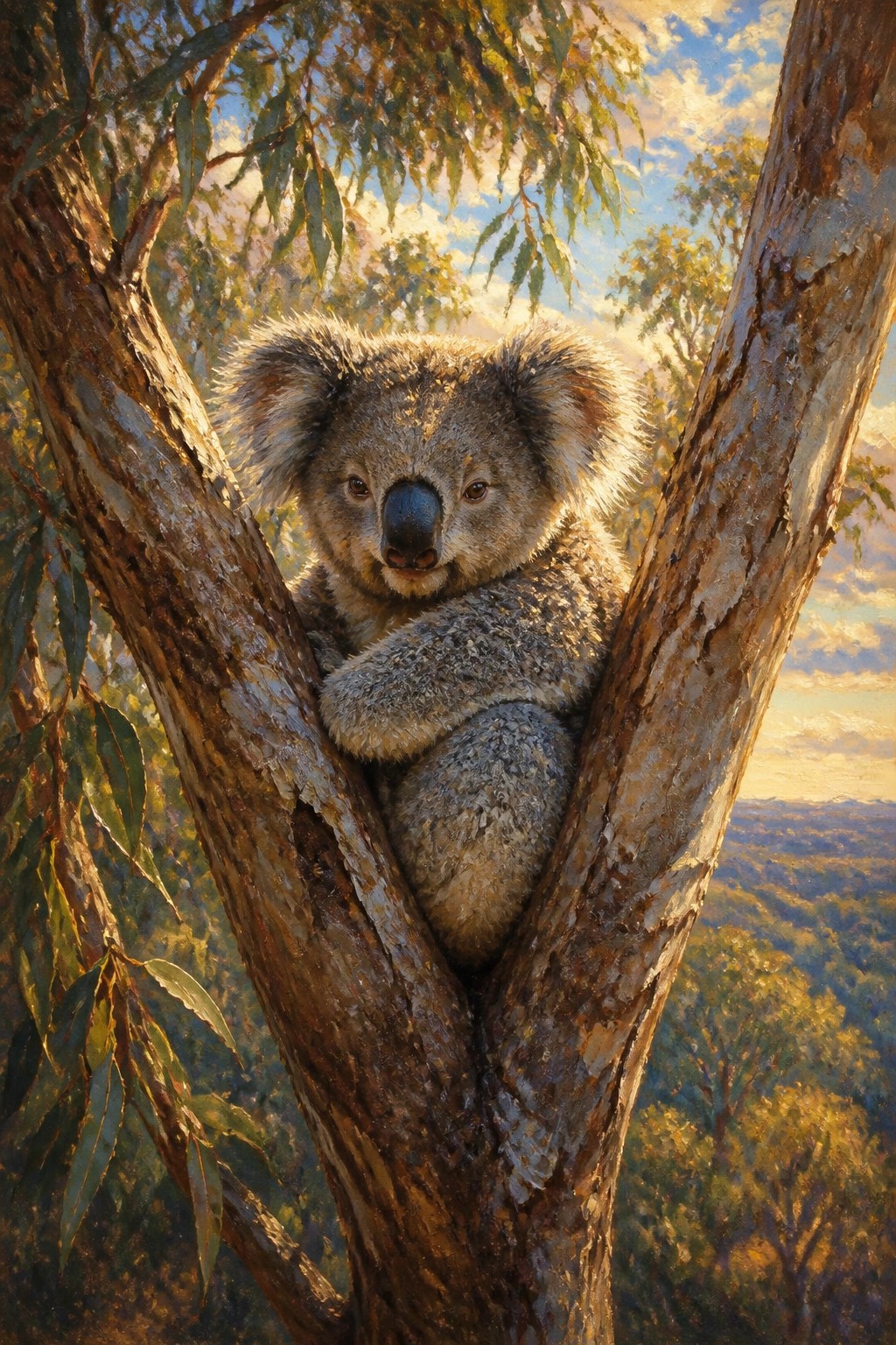 Koala clinging to sunlit eucalyptus branches overlooking golden forested landscape at sunset