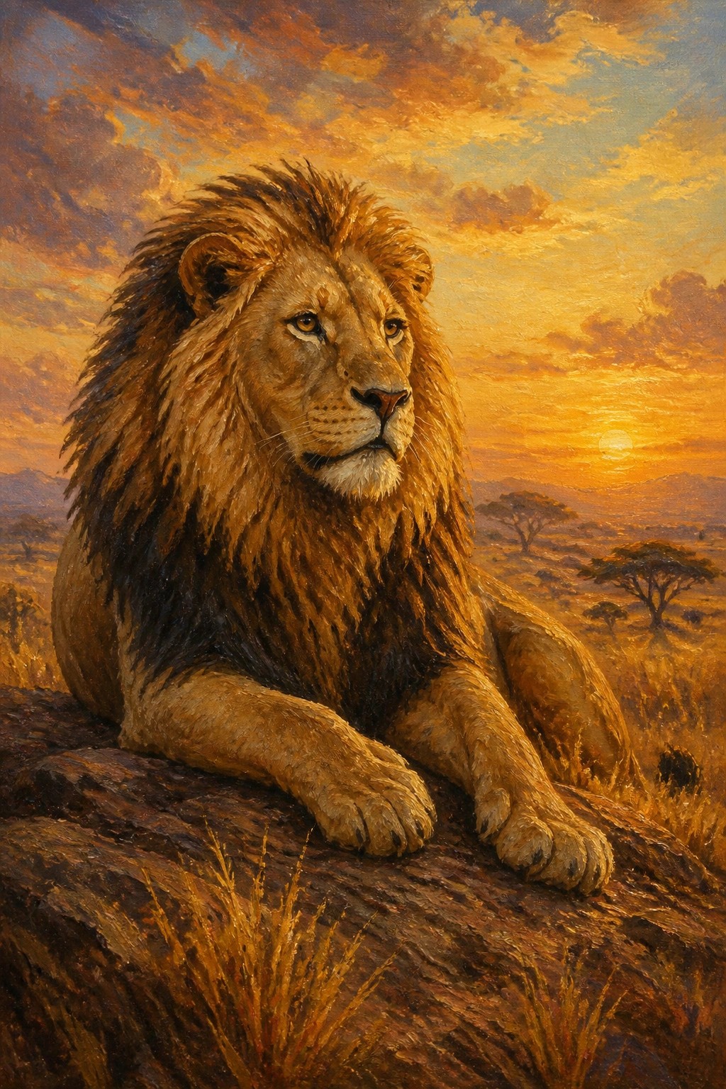 Majestic lion with golden mane rests on rock in vibrant savanna sunset.
