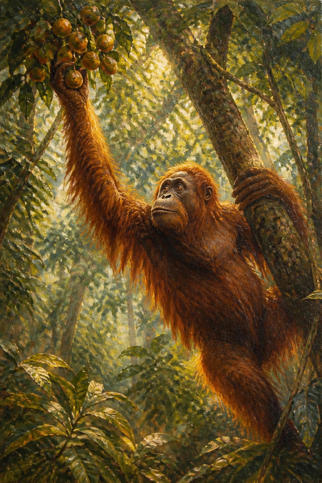 Orangutan reaching for orange fruit while climbing in sunlit jungle foliage