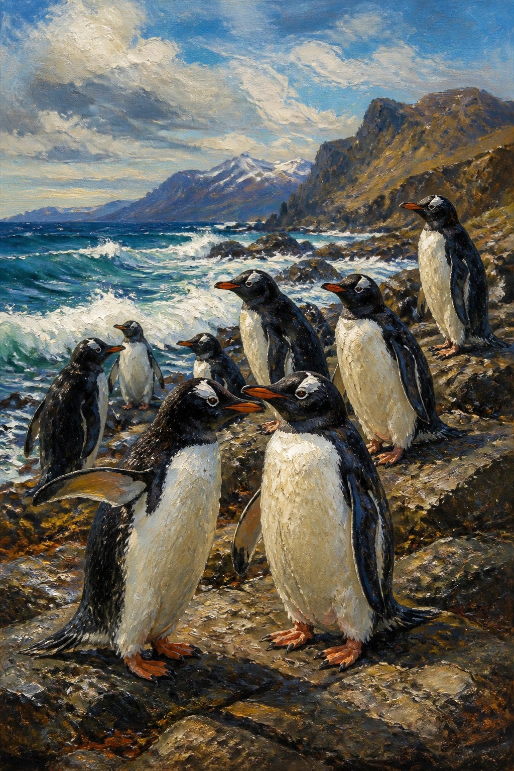 An oil painting of multiple penguins standing on rocky ground beside a wavy ocean with mountains in the background.