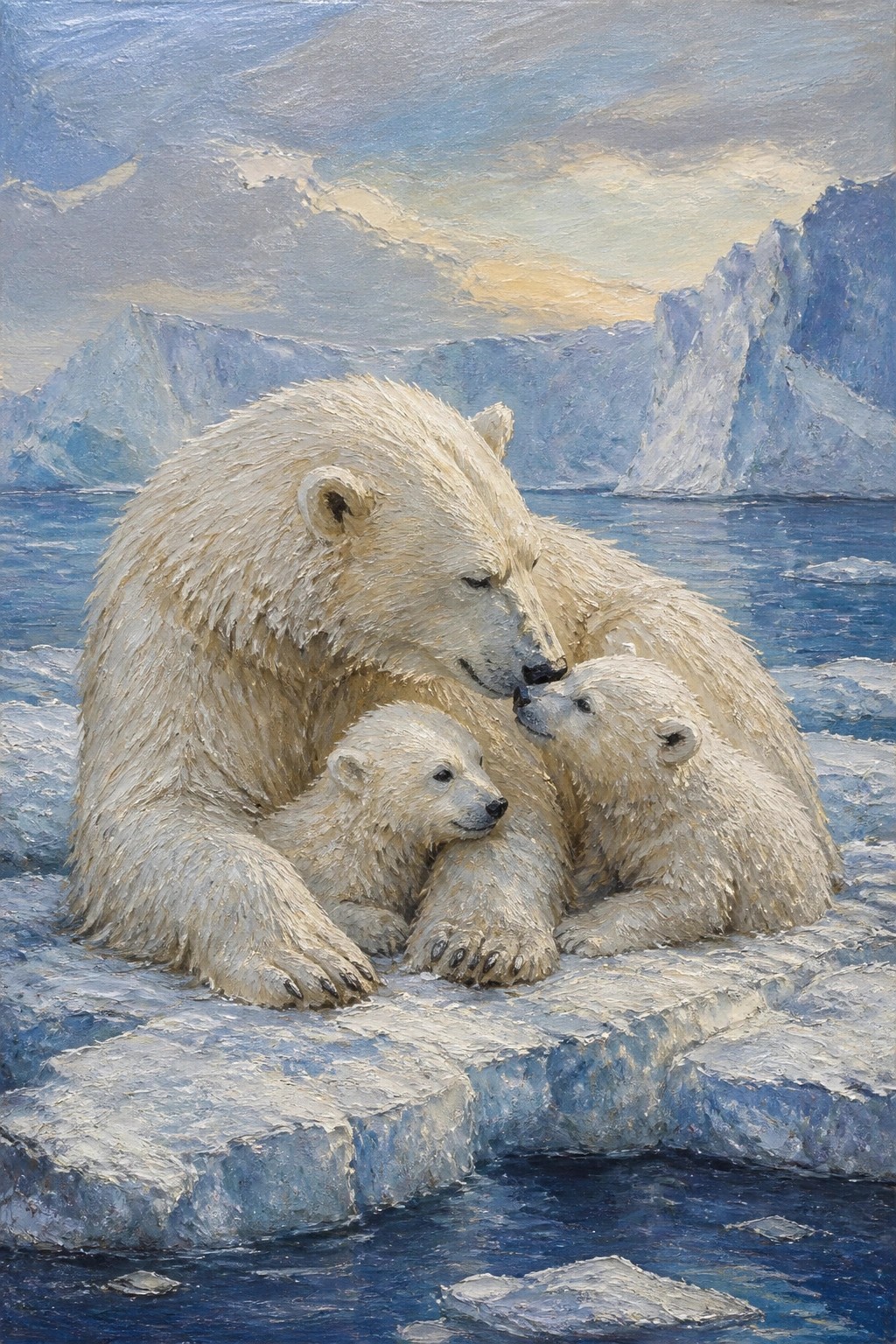 An oil painting of a polar bear mother and two cubs resting together on a chunk of ice with arctic mountains and water behind them.