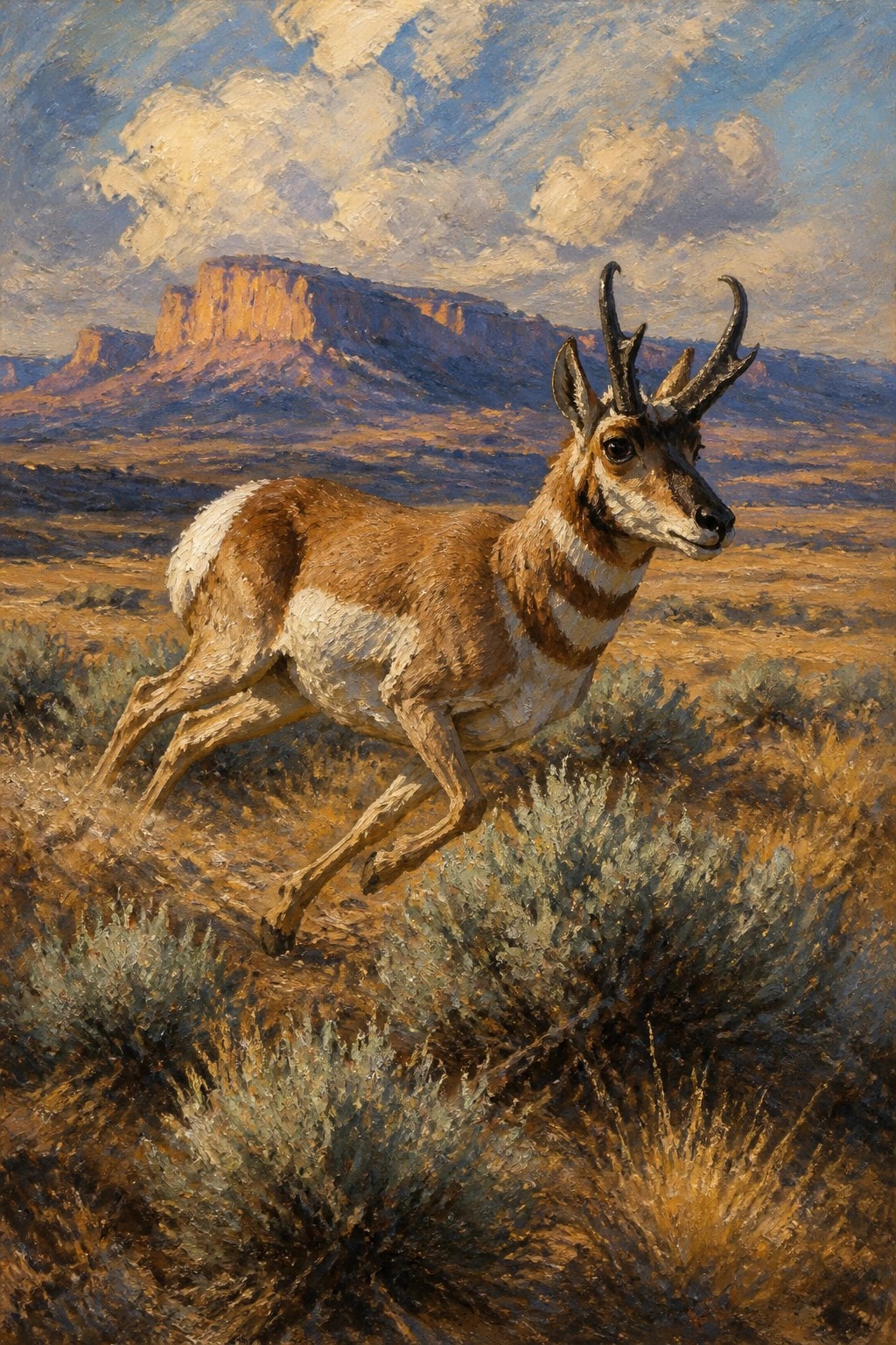 Pronghorn antelope running across desert with mesas under cloudy blue sky painting