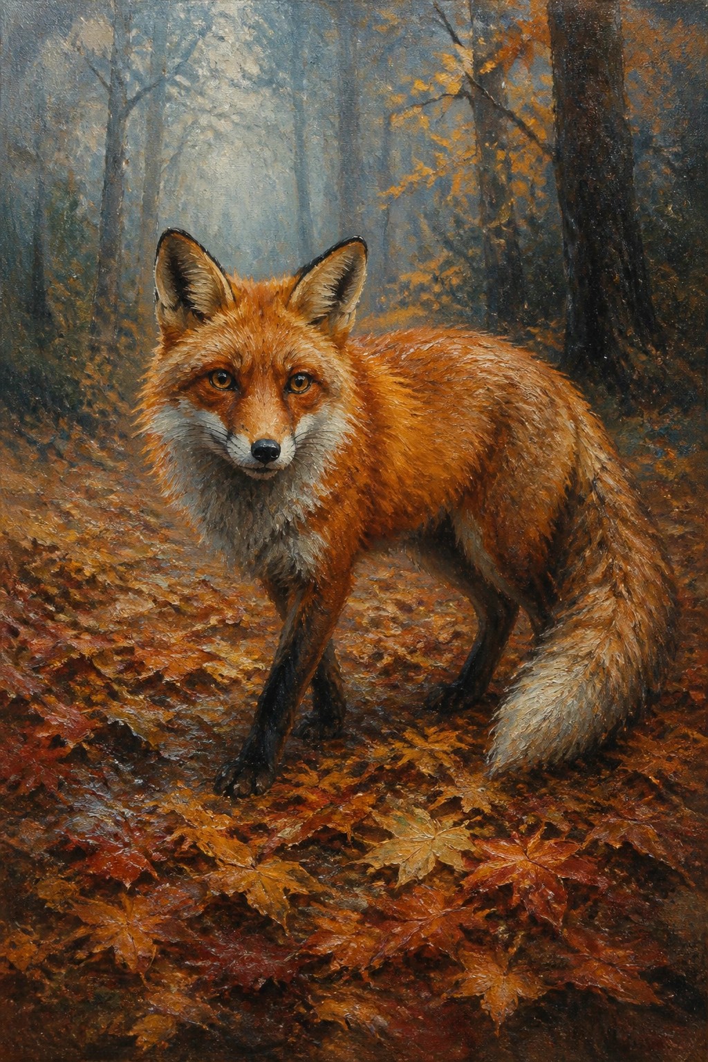 Red fox standing alert on autumn leaves in misty forest