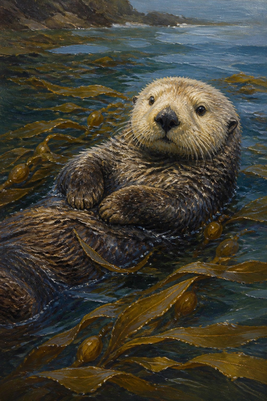 Sea otter floating on its back amid brown kelp in blue ocean.