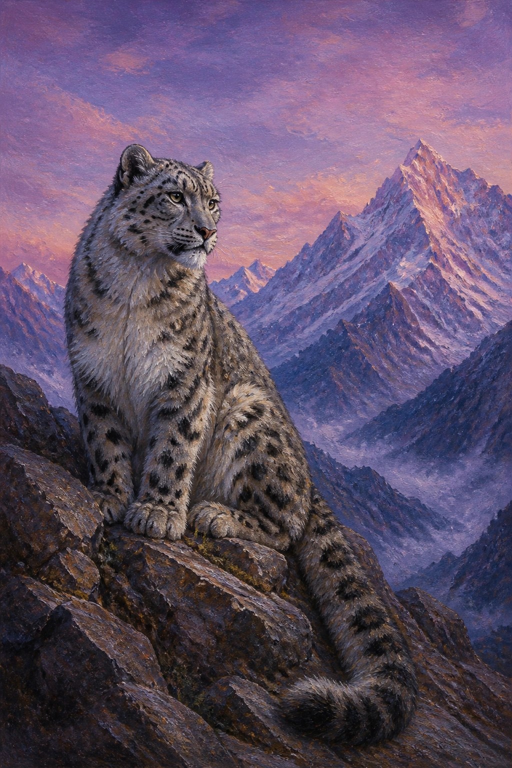 A realistic oil painting of a snow leopard sitting on a rocky mountain ledge with snow-capped peaks behind it under a purple and pink sky.