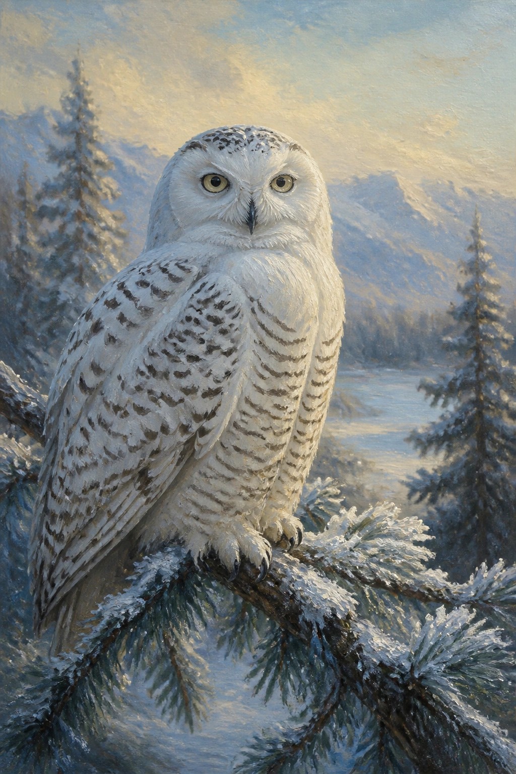 Snowy owl with yellow eyes perched on snow-covered pine branch in mountains