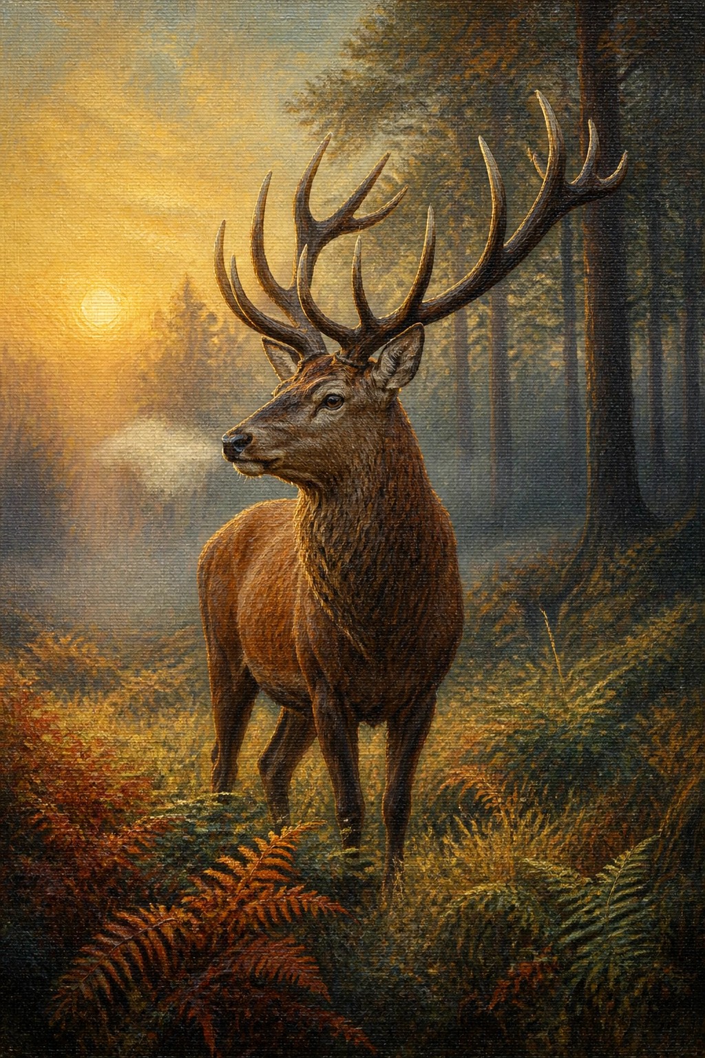 Majestic stag with large antlers in misty golden forest at sunset