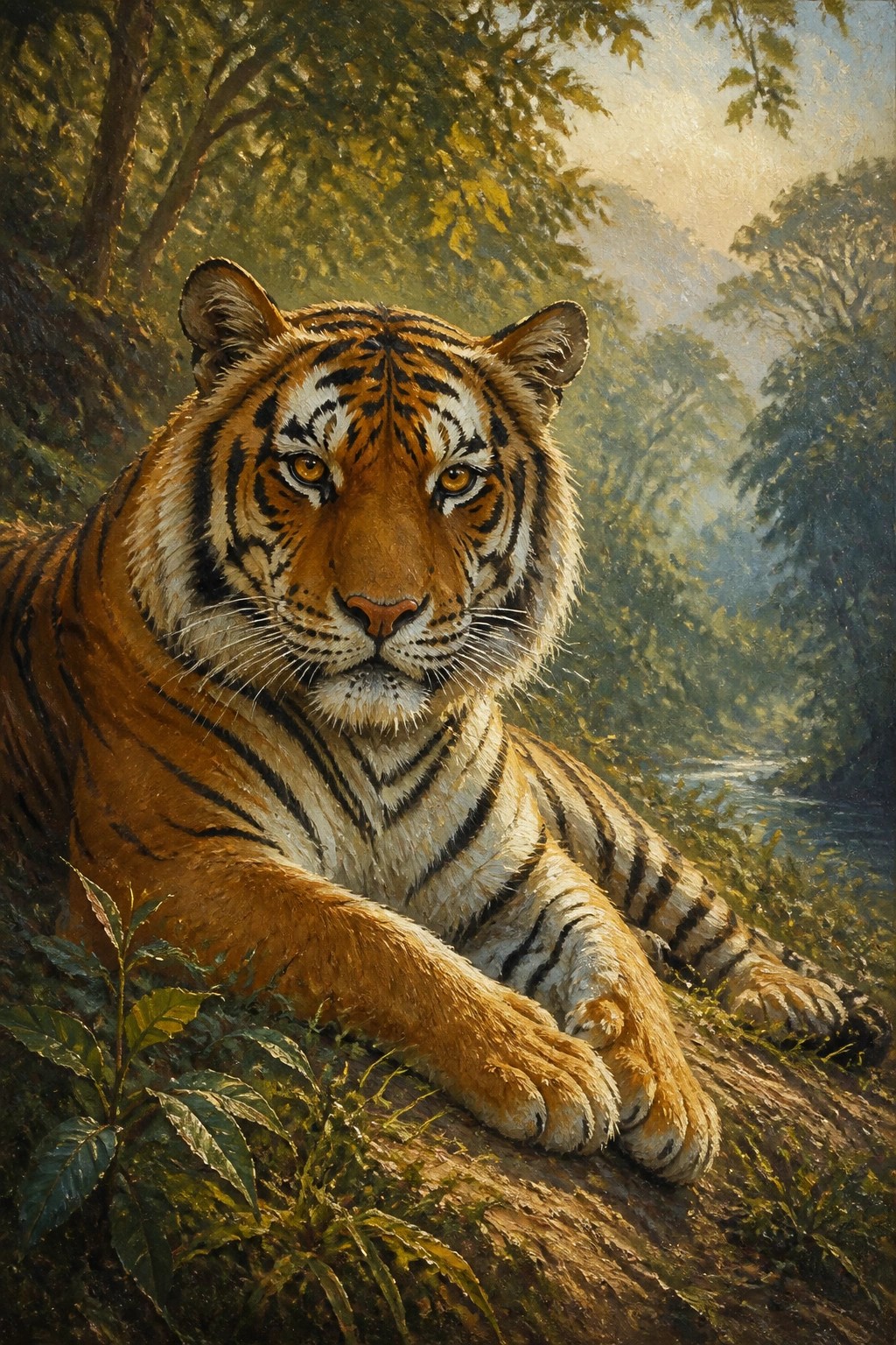 Majestic tiger with orange-black stripes resting in lush sunlit forest.