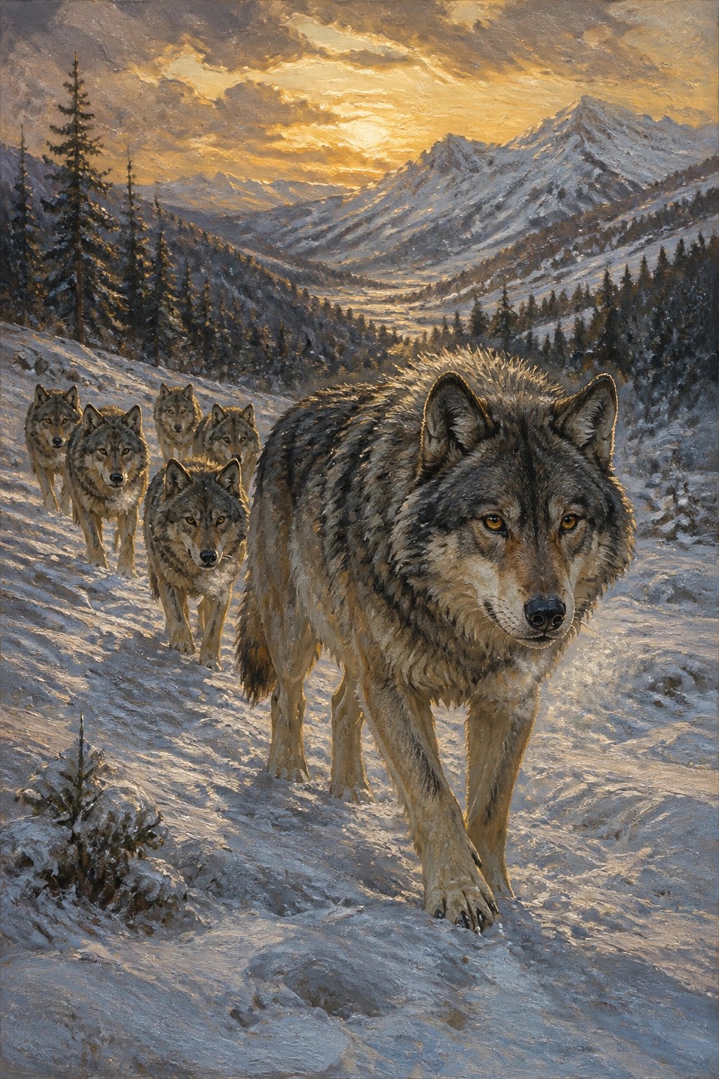 An oil painting shows a pack of wolves walking through snow in a mountain landscape at sunset.