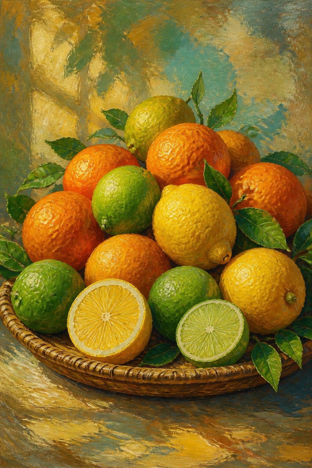 Woven basket piled with vibrant oranges, lemons, limes, and leaves, two sliced open.