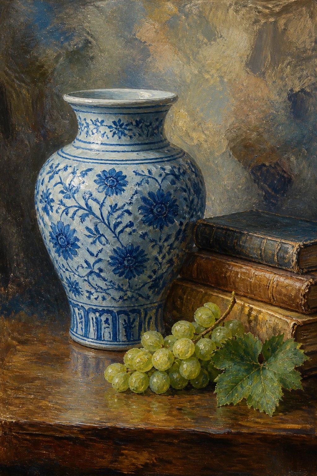 Blue floral vase beside antique books and green grapes on wood