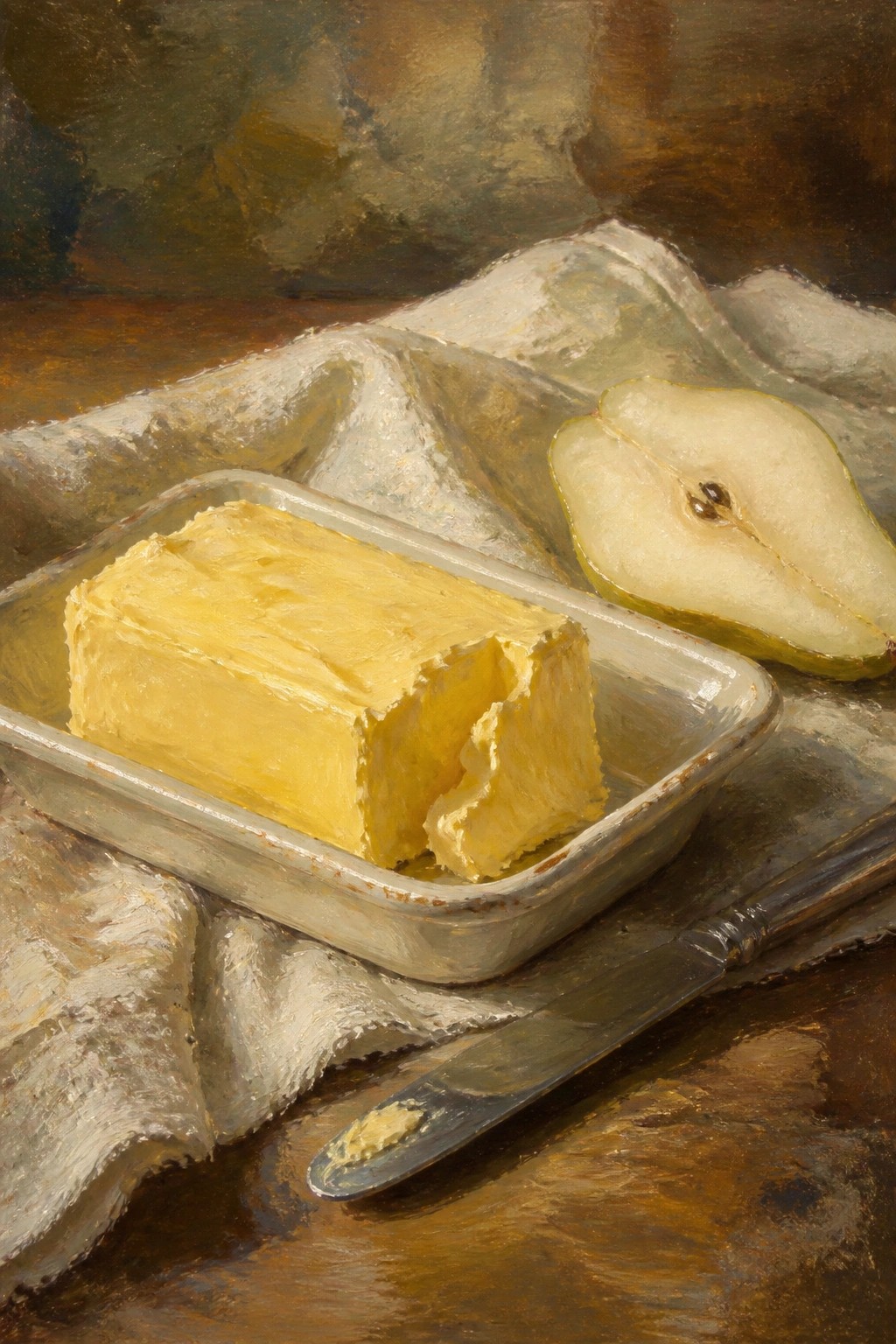 Yellow butter in glass dish beside halved pear and knife on white cloth