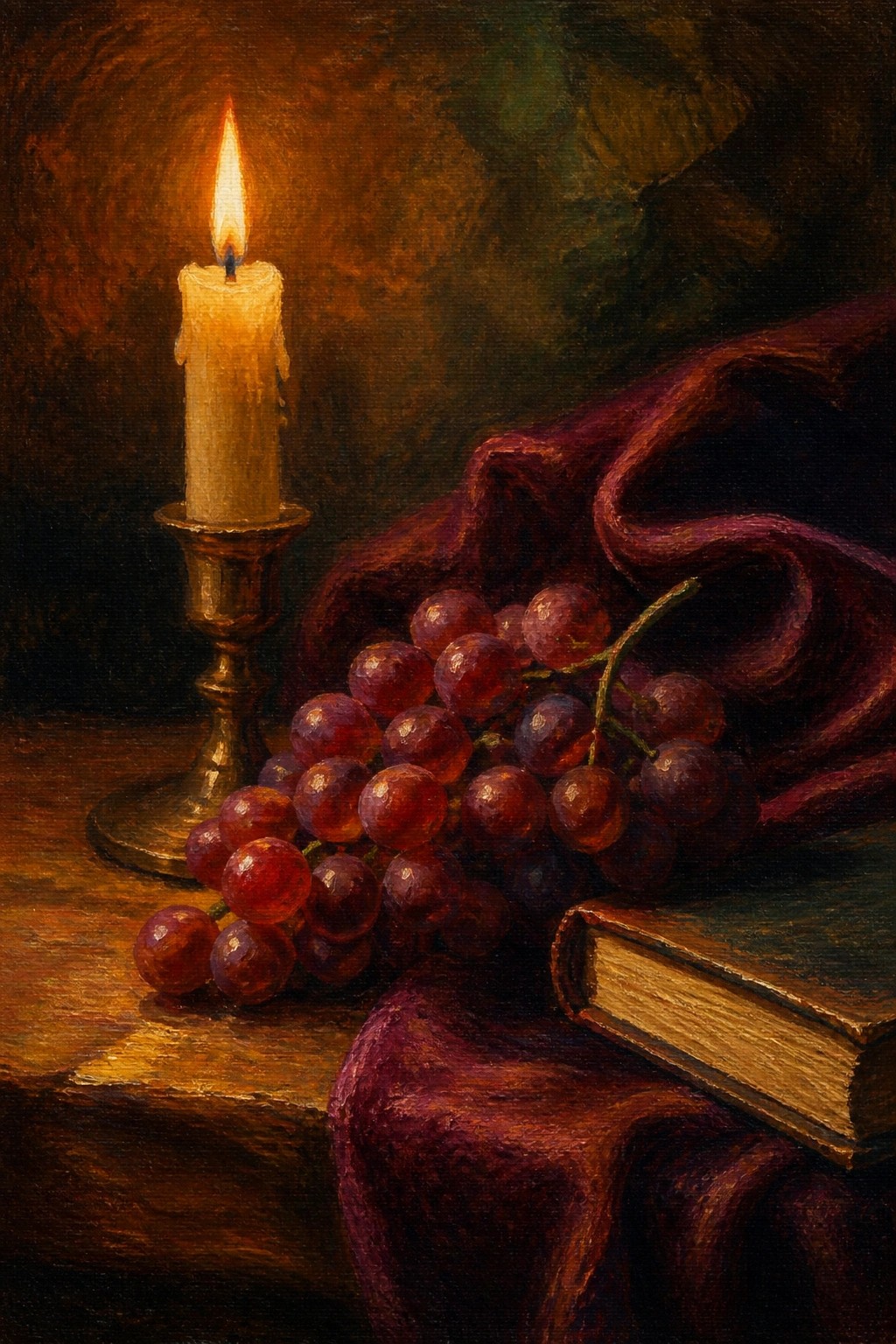 An oil painting shows a lit candle in a brass holder beside red grapes on purple fabric with a book resting nearby on a wooden surface.