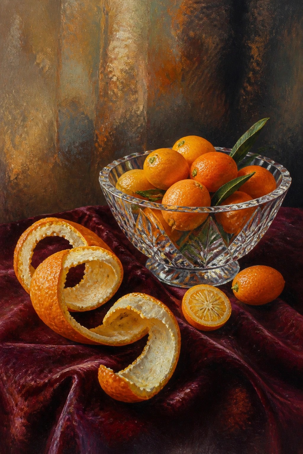 An oil painting of small oranges in a crystal bowl next to curled peels and a sliced fruit on dark red fabric.
