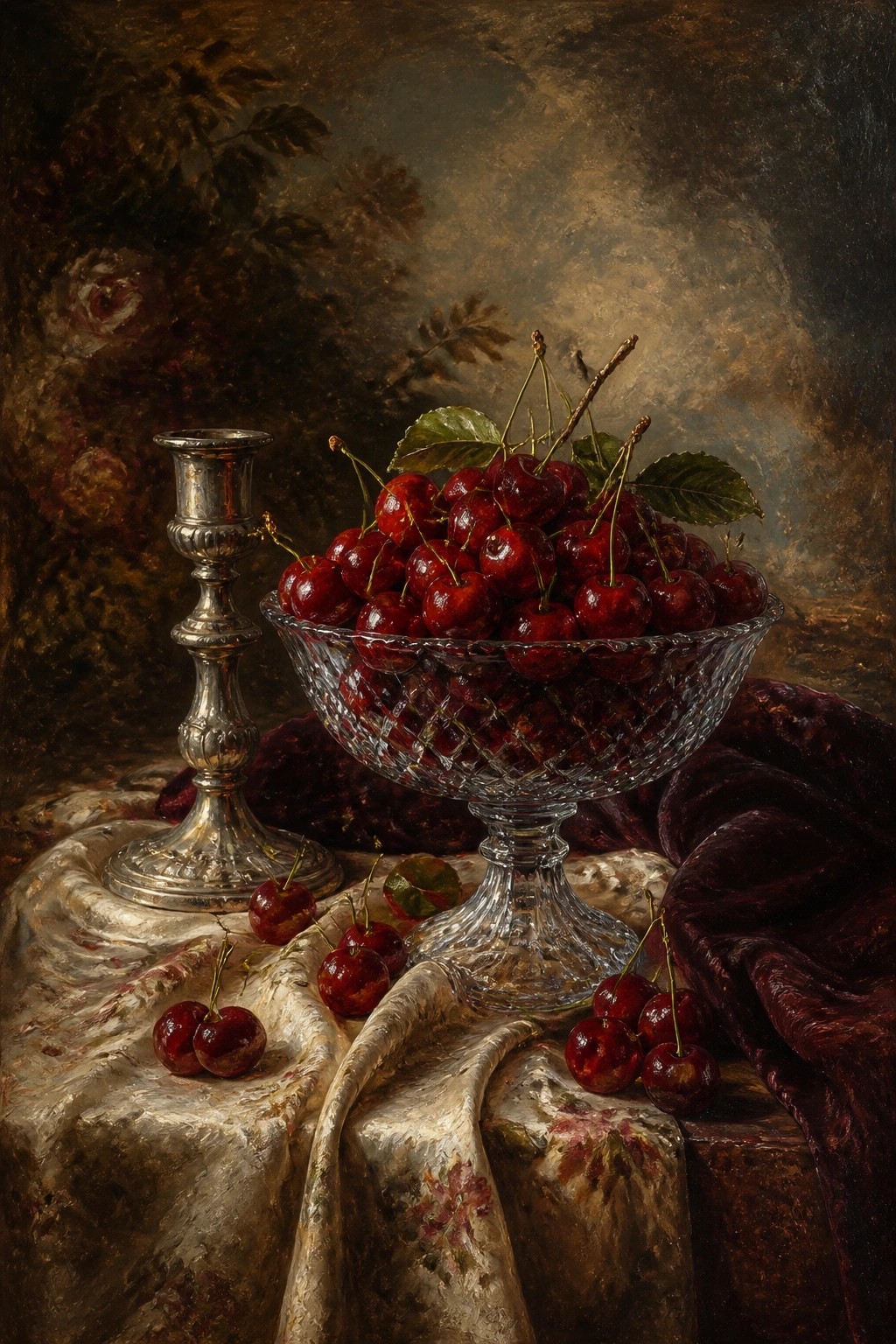 Crystal bowl of cherries beside silver candlestick on floral cloth with velvet drapery