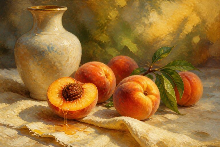 23 Classic Still Life Oil Painting Ideas Featuring Fruit, Vases, and Everyday Objects An oil painting of several peaches, one cut open with juice dripping, next to a ceramic vase on a cloth, with trees and mountains in the background.