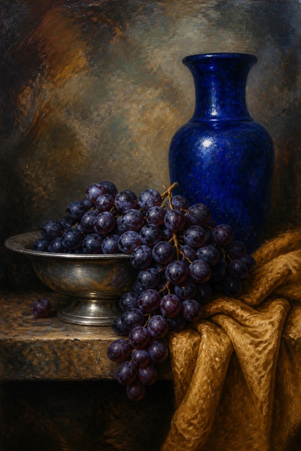 Dark purple grapes spilling from silver bowl beside blue vase on golden cloth.