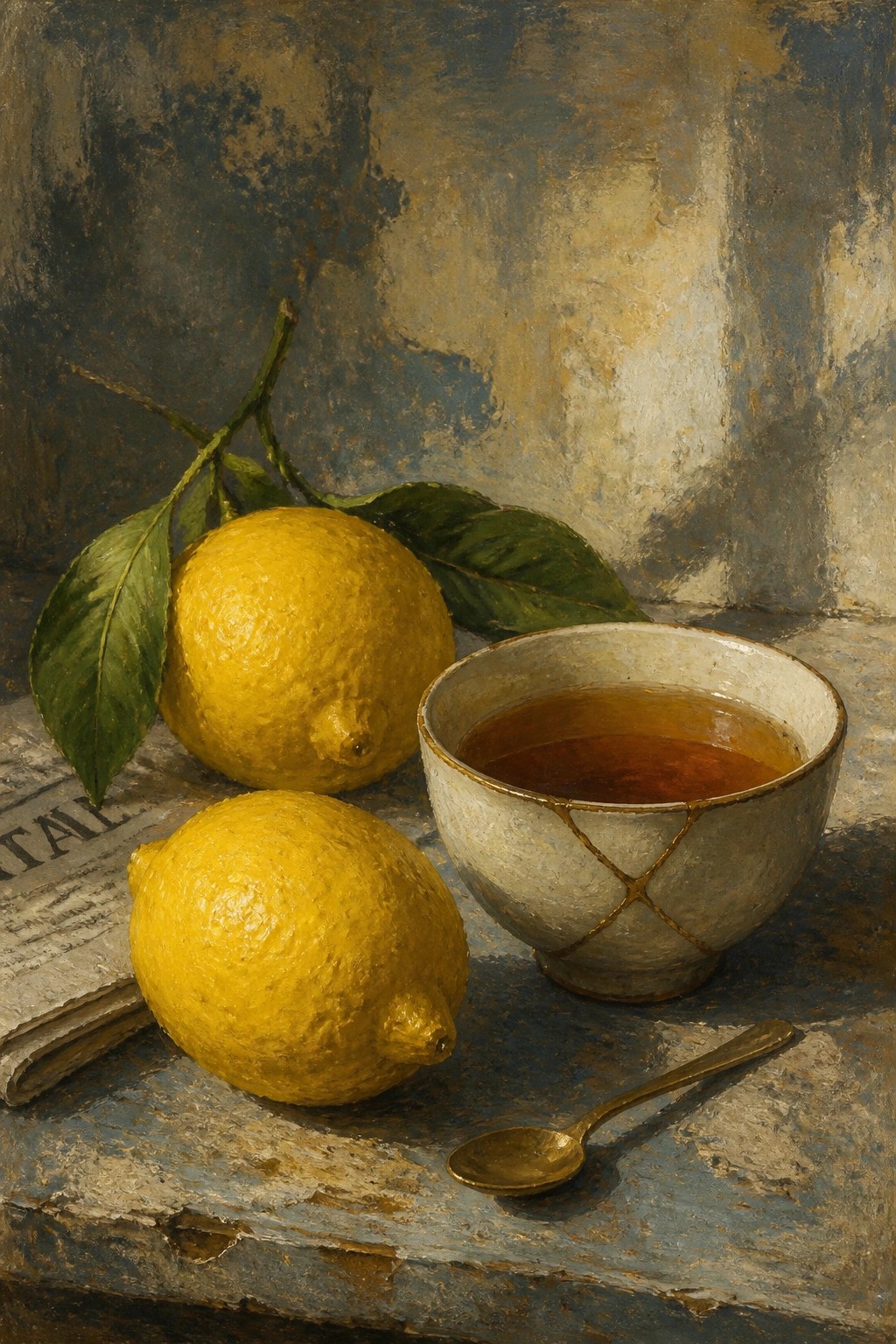 Two lemons with leaves beside a kintsugi bowl of tea and a spoon