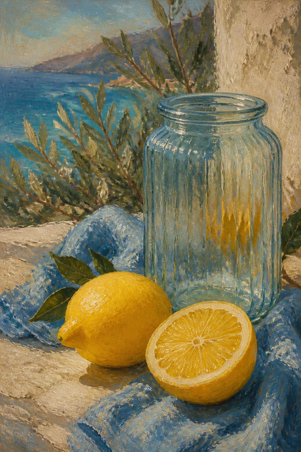 An oil painting shows two yellow lemons and a blue glass jar resting on blue cloth with a sea and mountains visible in the background.