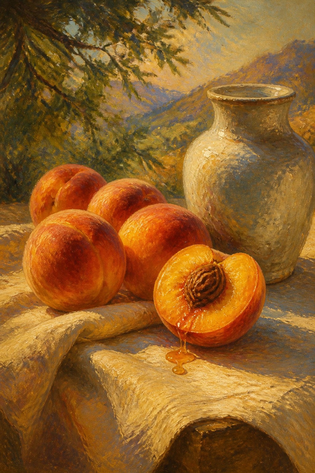 An oil painting of several peaches, one cut open with juice dripping, next to a ceramic vase on a cloth, with trees and mountains in the background.