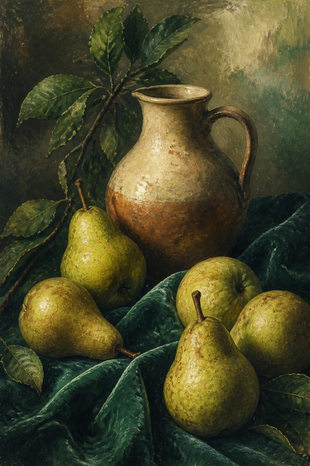 Rustic still life of green pears, earthenware pitcher, and leaves on dark green fabric