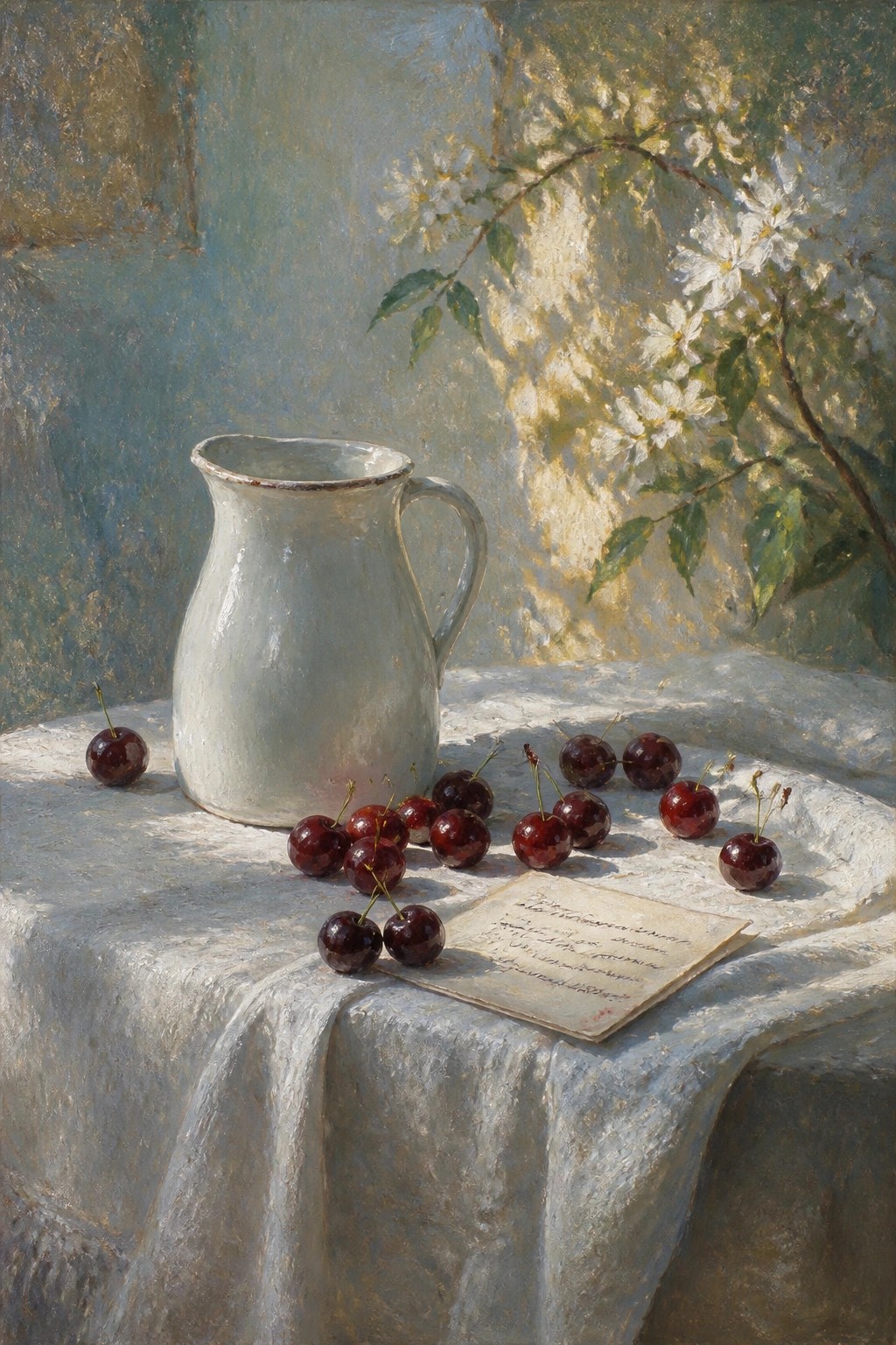 Still life painting of white pitcher, red cherries, and letter on white cloth.