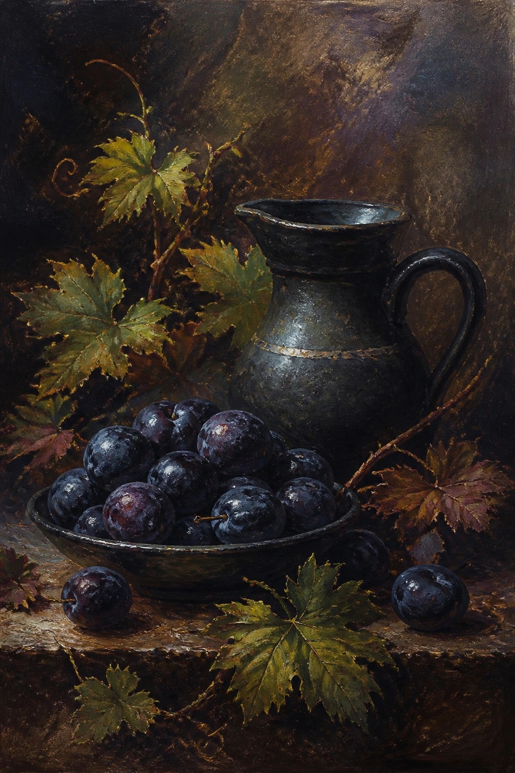 Dark pitcher beside bowl of plums amid colorful autumn leaves on wood.