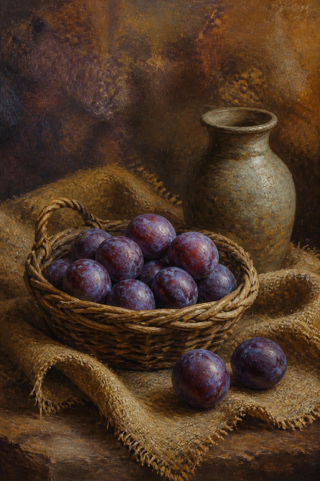 Woven basket of plums beside a rustic vase on brown burlap cloth