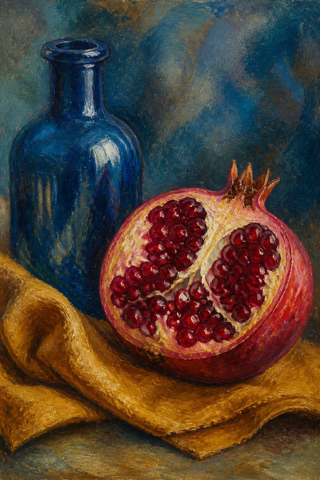Blue bottle beside halved pomegranate with red seeds on golden cloth