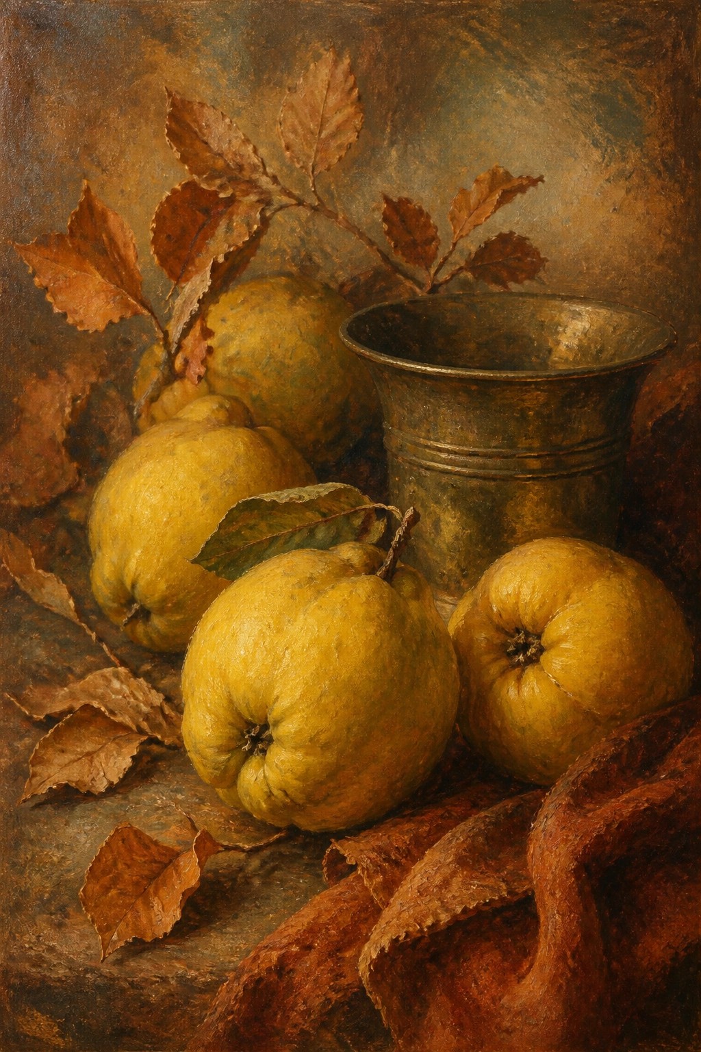 An oil painting of yellow quinces, dried brown leaves, a metal cup, and reddish fabric on a textured surface.