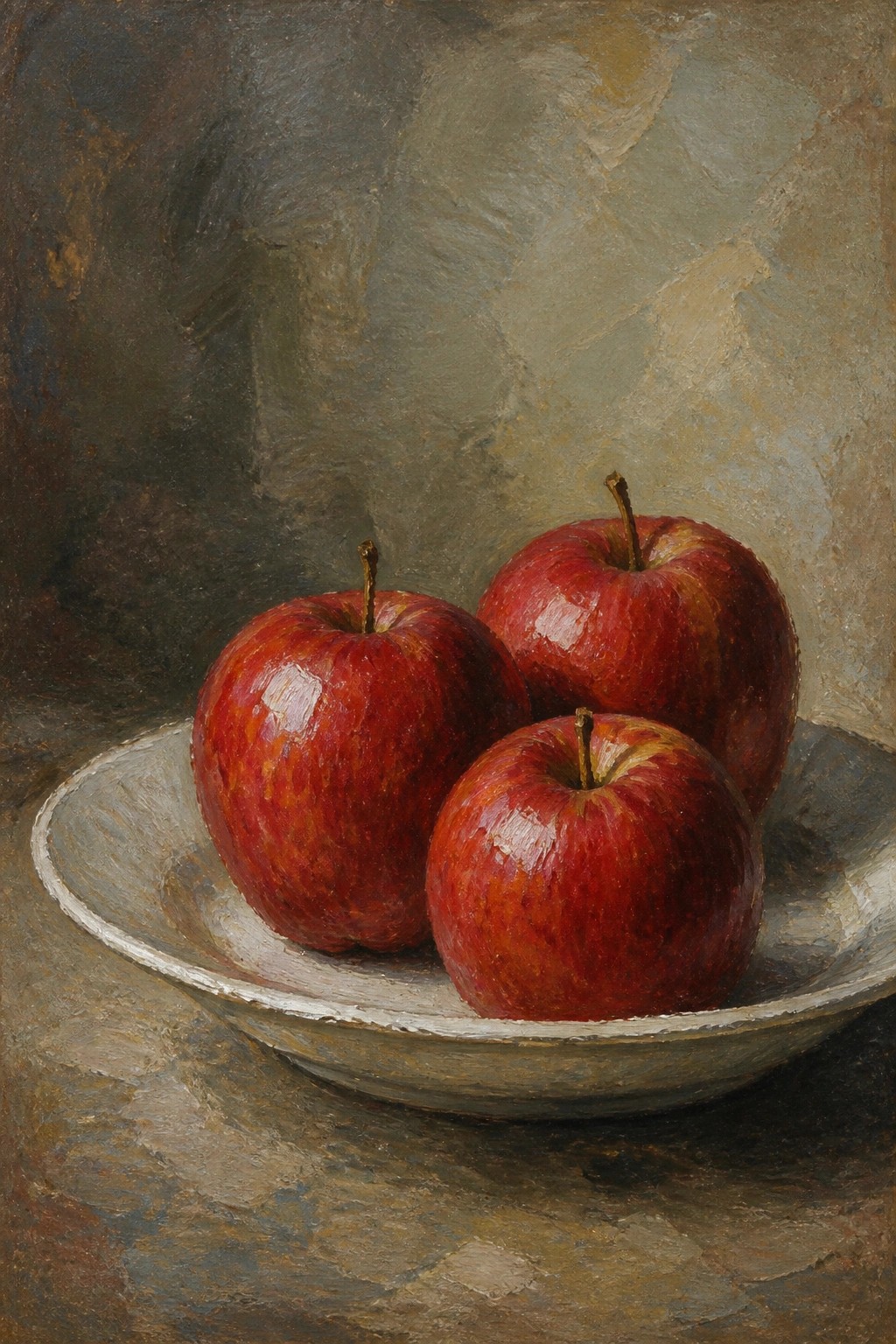 A realistic oil painting of three red apples in a shallow bowl on a textured neutral background.